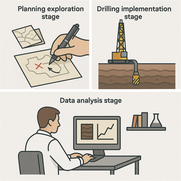 The drilling process in geological exploration usually includes several stages